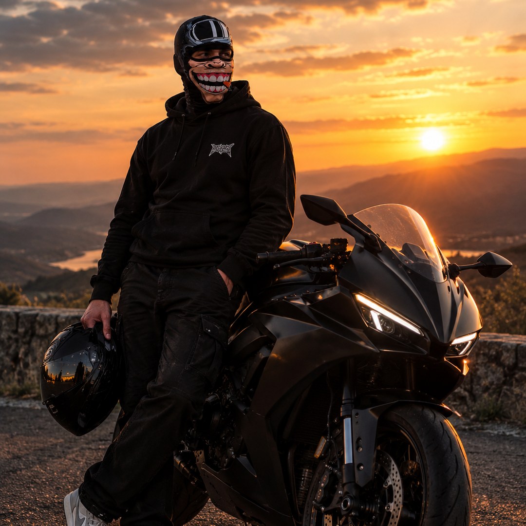 Motard portant une cagoule 3D animal au coucher du soleil