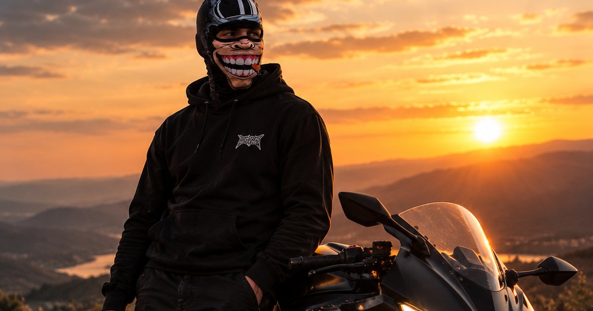 Motard portant une cagoule 3D animal au coucher du soleil
