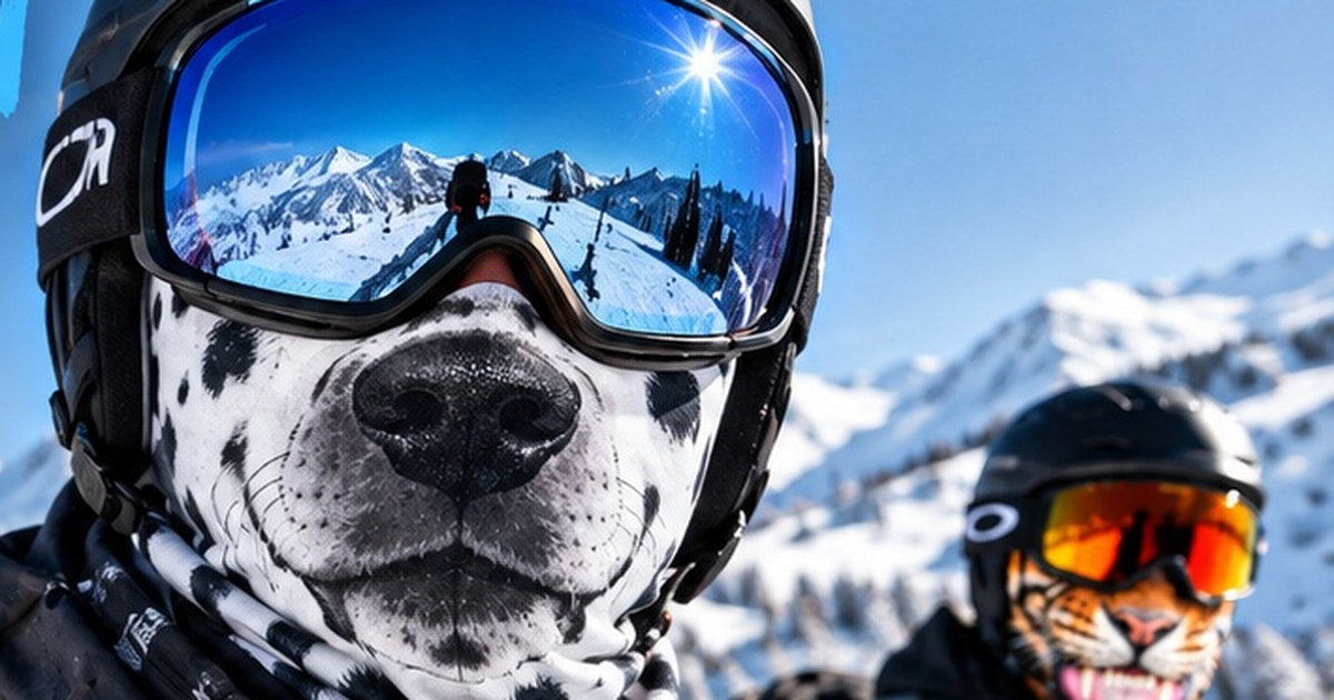 Skieurs portant des cagoules 3D animal sur une piste enneigée
