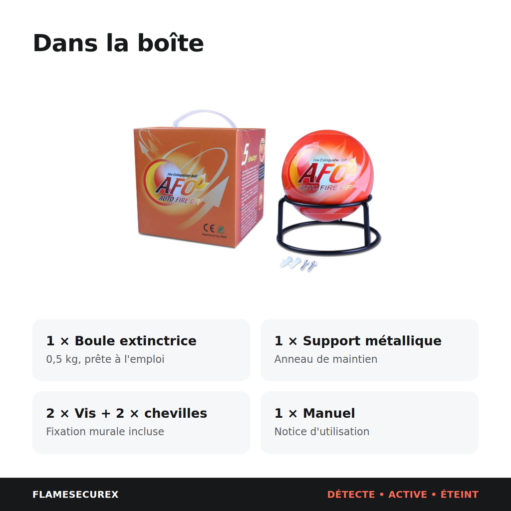 Contenu du colis : boule extinctrice, support métallique, 2 vis, 2 chevilles et manuel