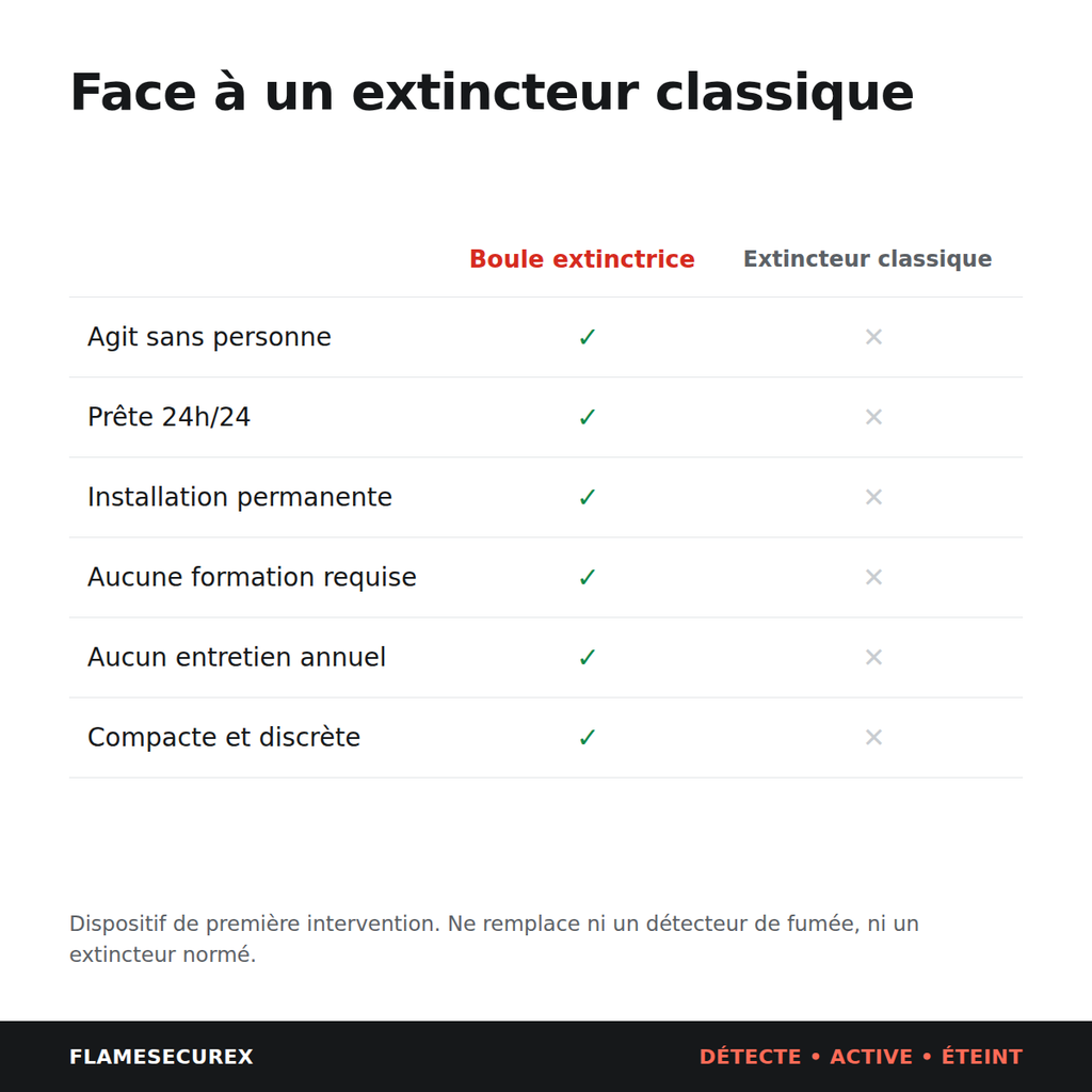 Comparatif boule extinctrice automatique face à un extincteur classique