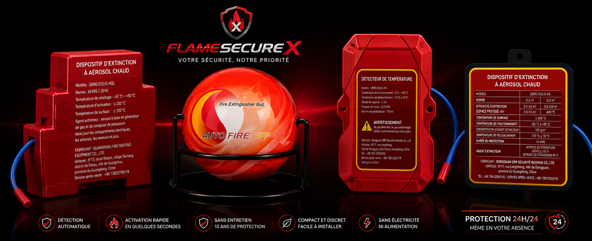 FlameSecureX — boule extinctrice automatique, dispositifs d'extinction à aérosol et détecteur de température : détection automatique, activation en quelques secondes, sans entretien, sans électricité, protection 24h/24